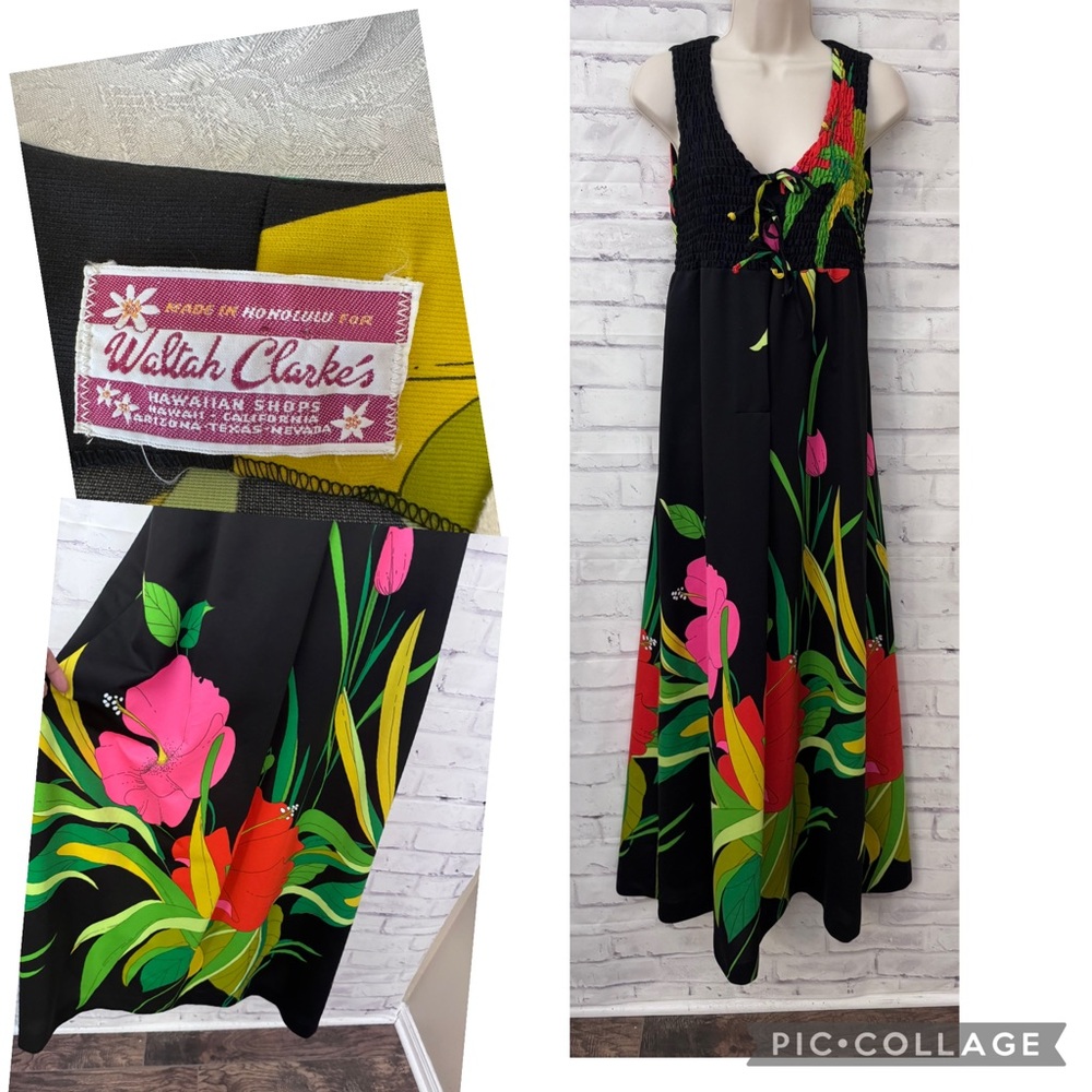 Waltah Clarke's VTG 60’s‎ Hawaiian Maxi Dress Smocked Tropical Hibiscus Aloha
